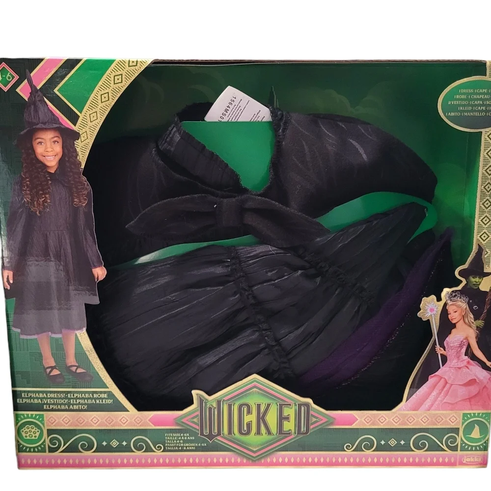 NEW Wicked Deluxe Elphaba Dress Up Set 4-6X Black Witch Costume Dress Cape Hat